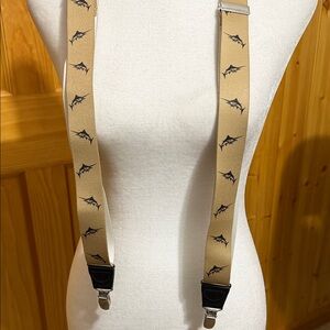 Tan Novelty Suspender Straps with Navy Marlin Sword Fish Print.  NWT